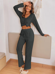 V-Neck Long Sleeve Top and Pants Set