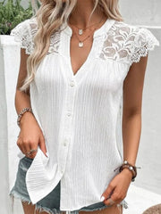 Lace Detail Notched Cap Sleeve Blouse - Flyclothing LLC