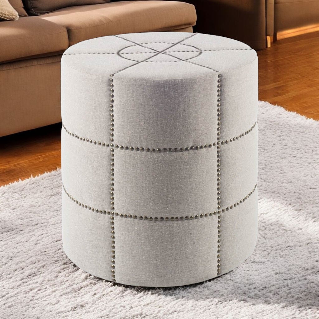 20" Cream Linen Round Footstool Ottoman