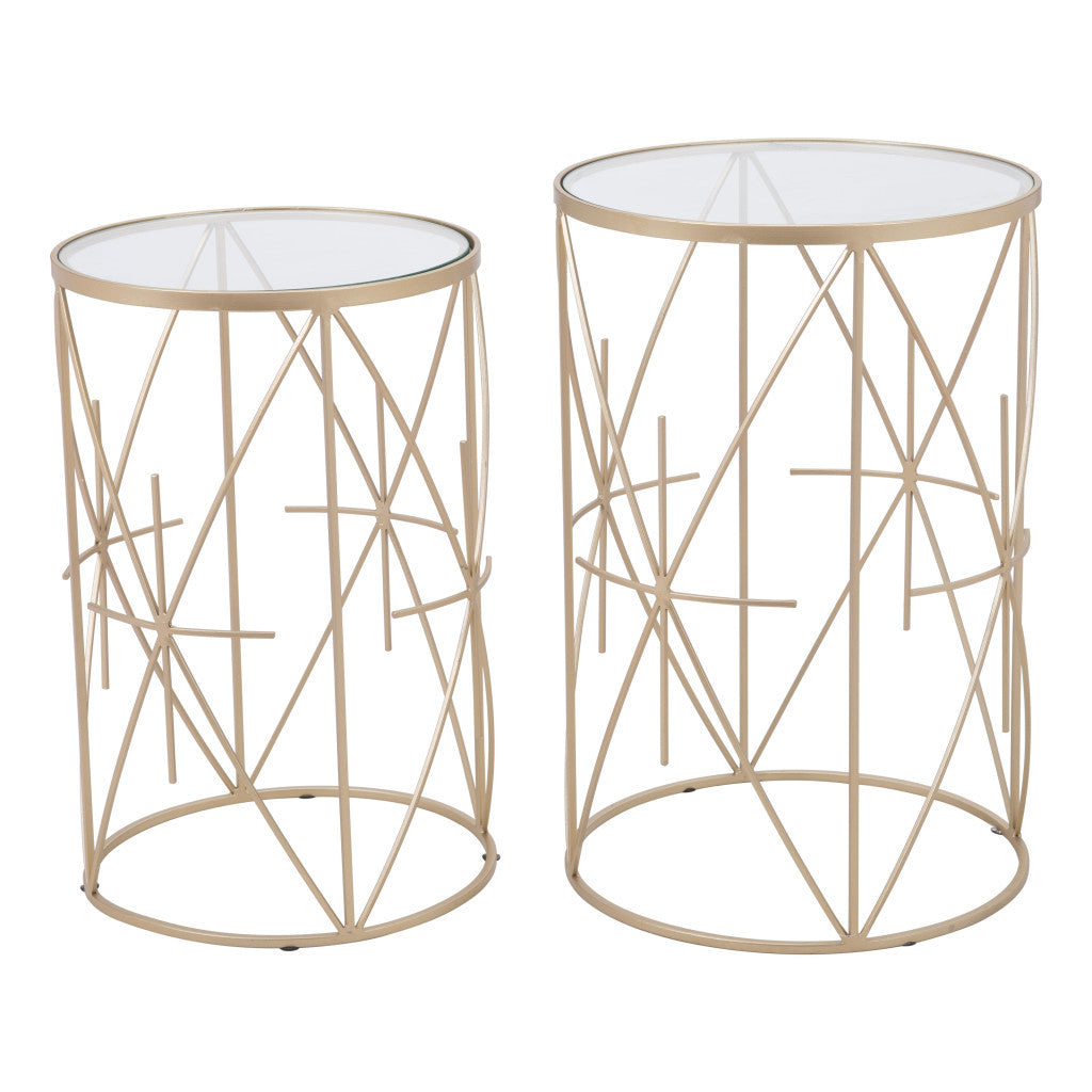 Set of Two Geometric Gold and Glass Side Tables