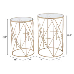 Set of Two Geometric Gold and Glass Side Tables