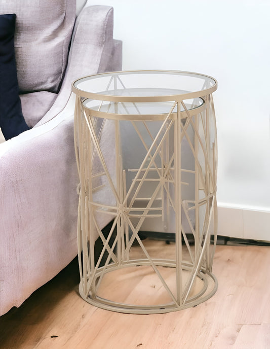 Set of Two Geometric Gold and Glass Side Tables