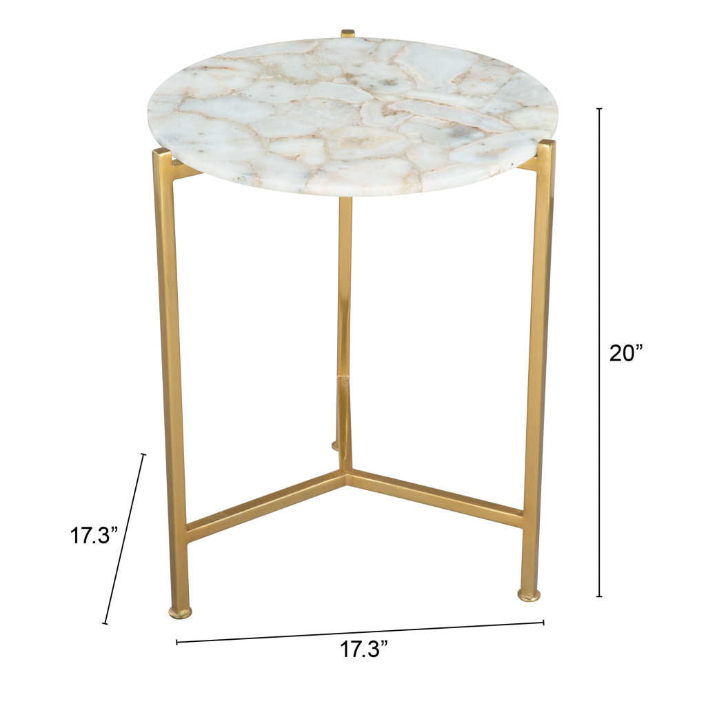 20" Gold And White Genuine Marble Look Round End Table