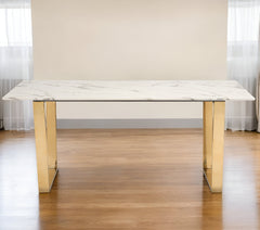 71" White And Gold Faux Marble And Steel Sled Base Dining Table