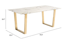 71" White And Gold Faux Marble And Steel Sled Base Dining Table