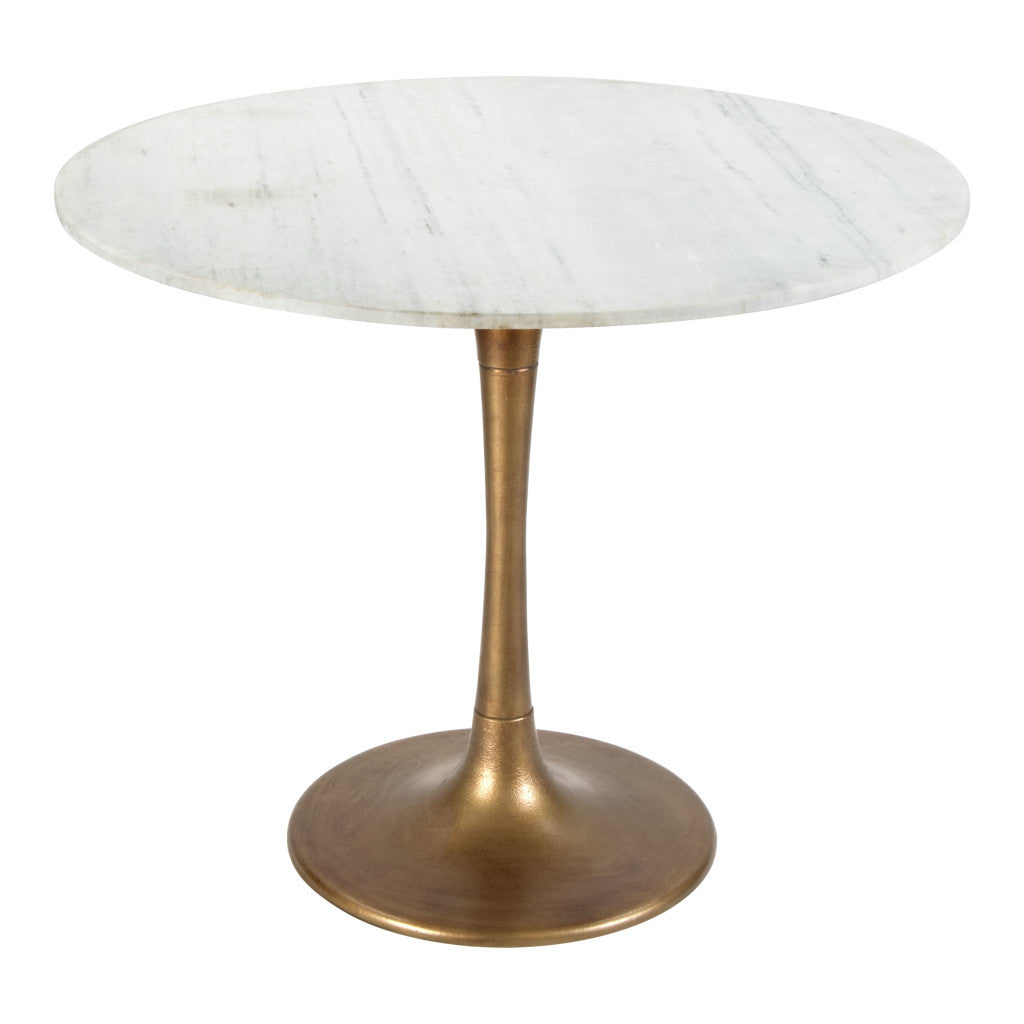 36" Modern White Marble and Burnished Gold Pedestal Bistro Table