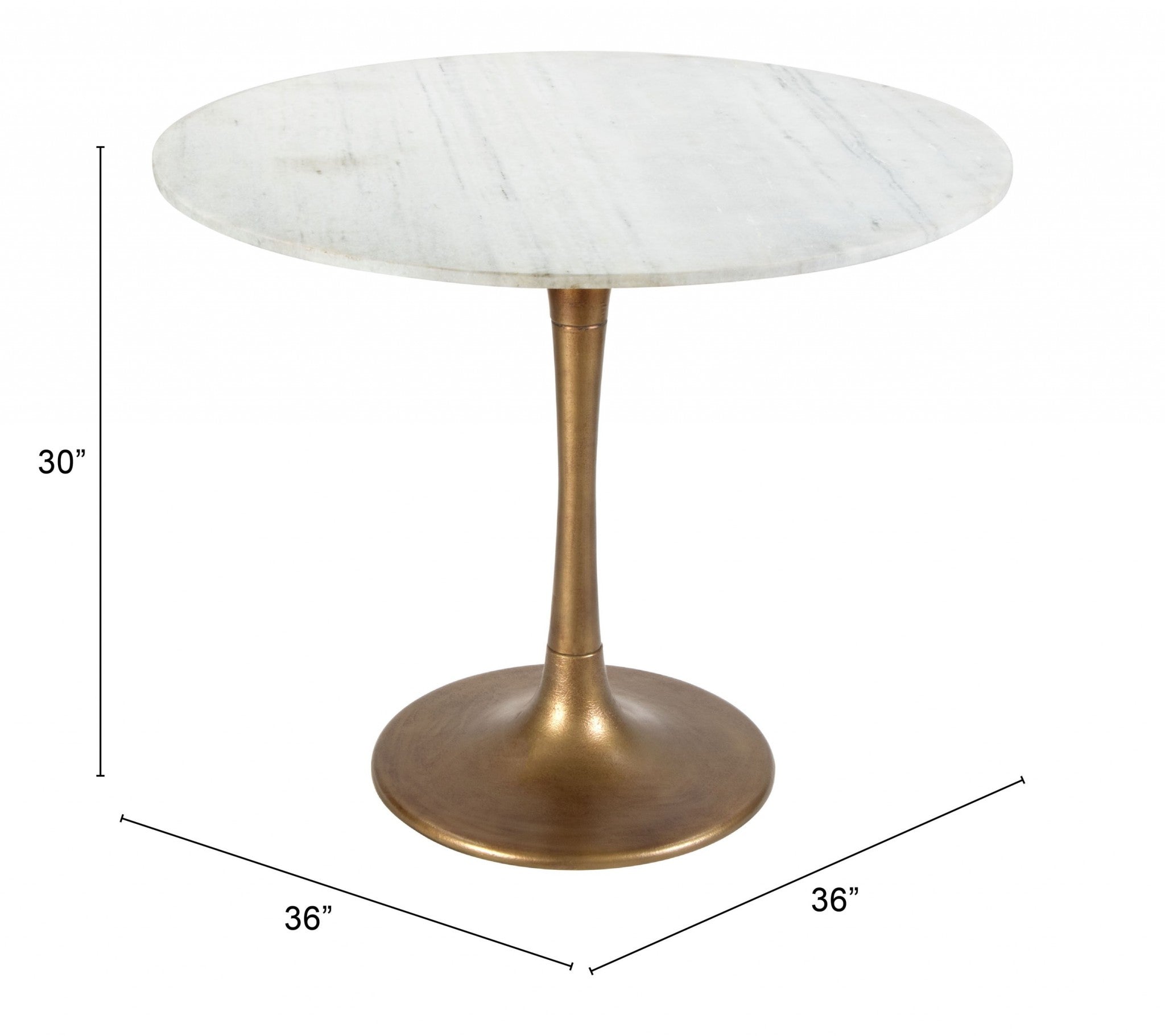 36" Modern White Marble and Burnished Gold Pedestal Bistro Table