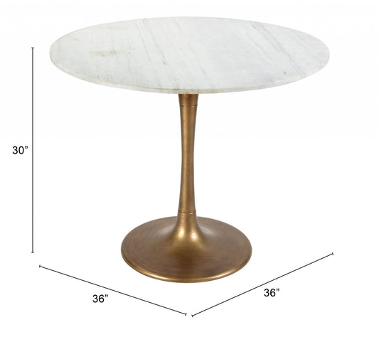 36" Modern White Marble and Burnished Gold Pedestal Bistro Table