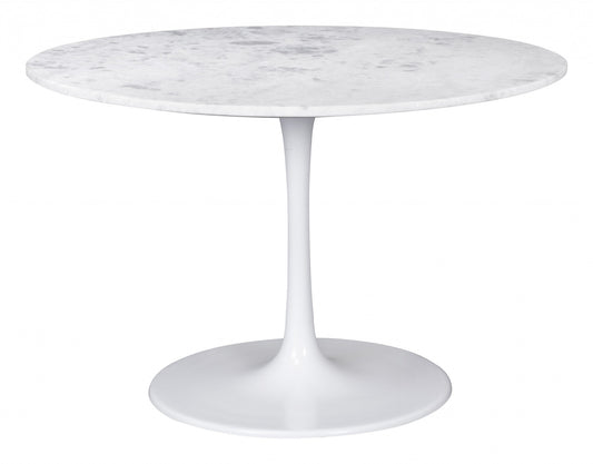 47" White Rounded Marble And Steel Pedestal Base Dining Table