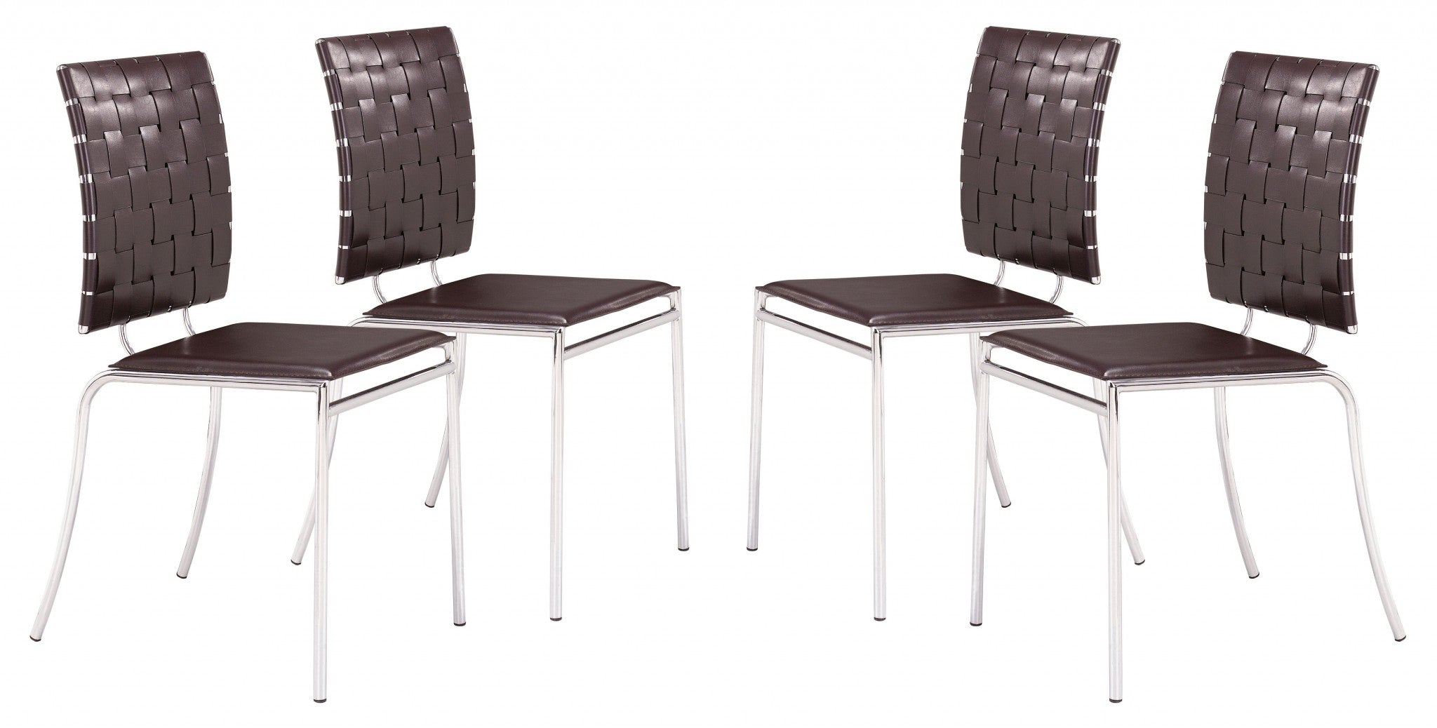 Set of Four Espresso And Silver Upholstered Faux Leather Open Back Dining Side Chairs