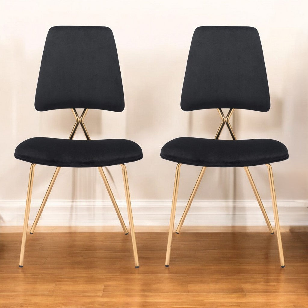 Set of Two Black And Gold Upholstered Velvet Open Back Dining Side Chairs