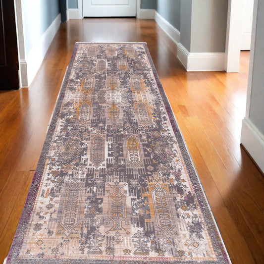 13' Runner Gray and Ivory Oriental Power Loom Runner Rug