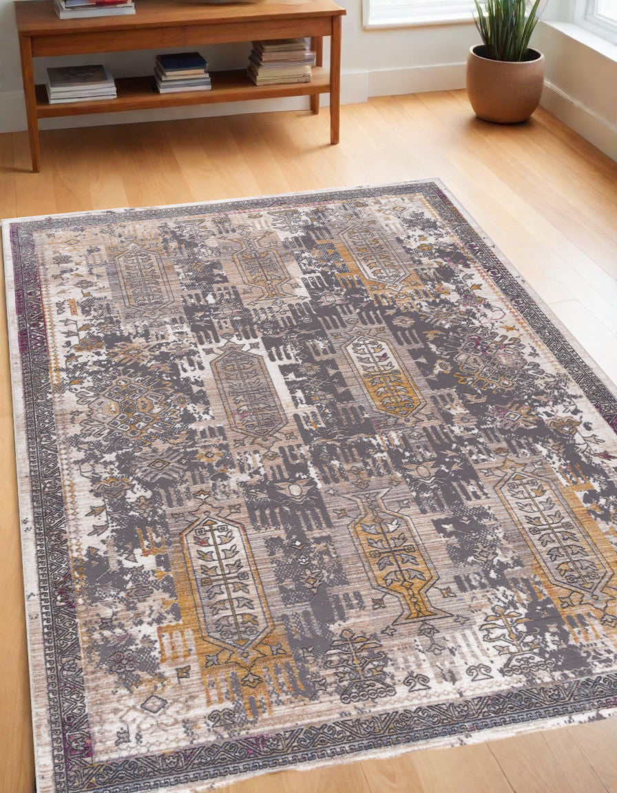 5' X 8' Gray and Ivory Oriental Power Loom Area Rug