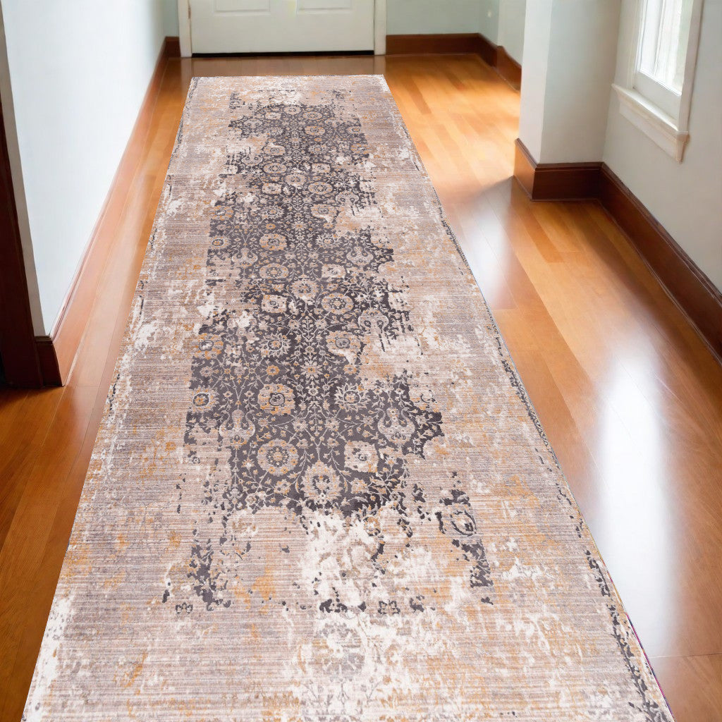 10' Runner Gray and Ivory Oriental Power Loom Runner Rug