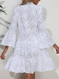 Ruffle Hem Eyelet Notched Long Sleeve Dress