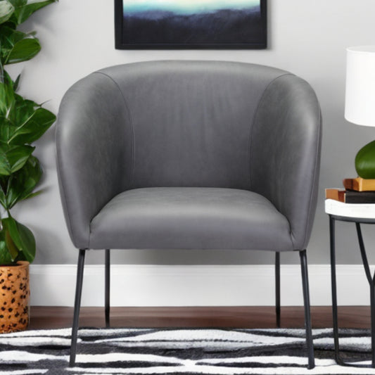 28" Gray And Black Faux Leather Barrel Chair