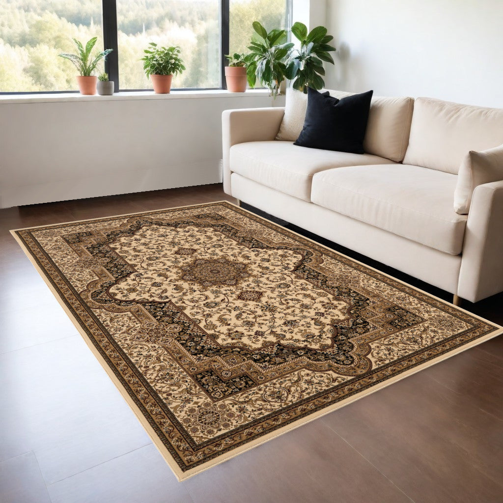 4' X 6' Black and Ivory Oriental Power Loom Area Rug