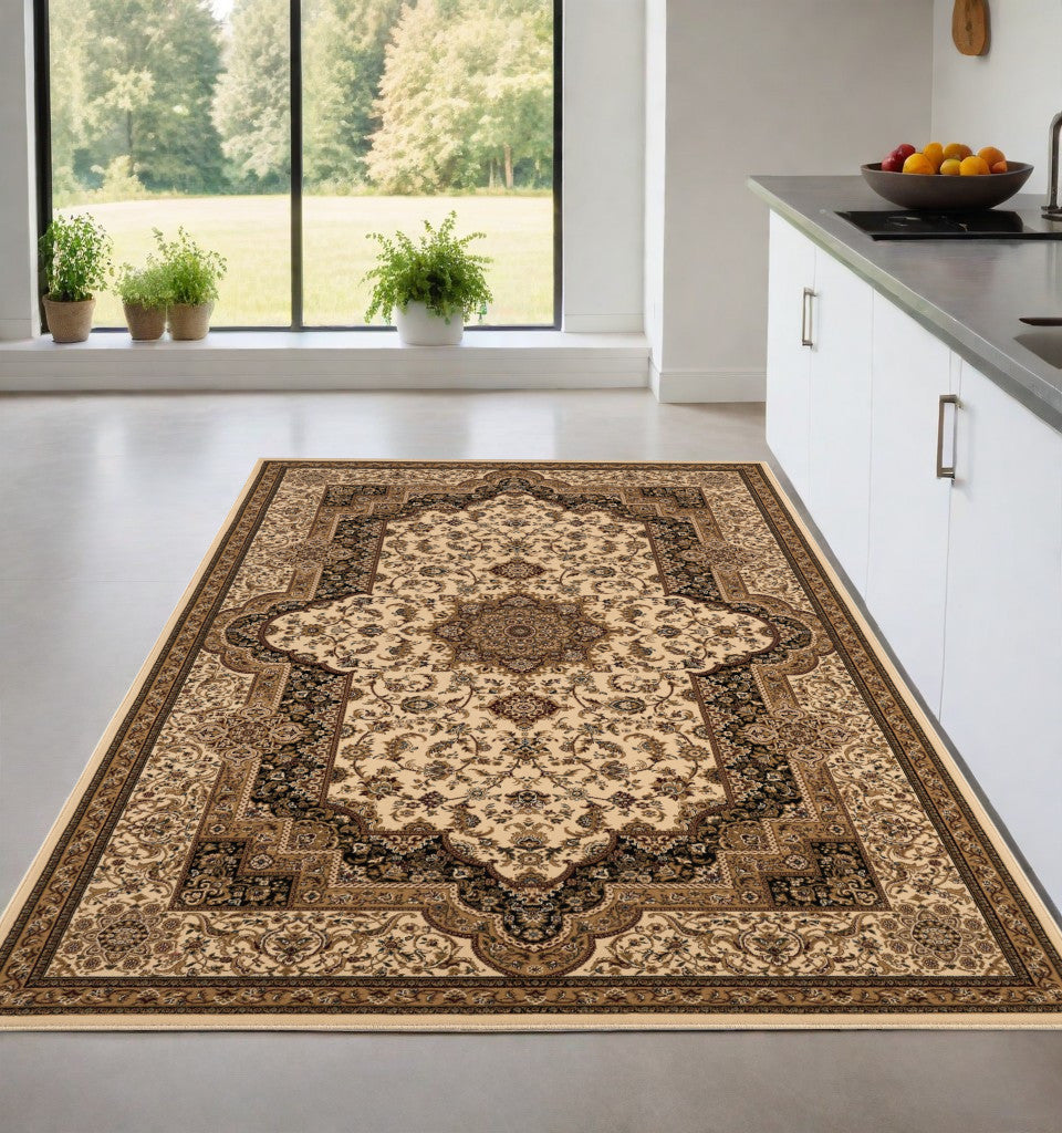 5' X 8' Black and Ivory Oriental Power Loom Area Rug