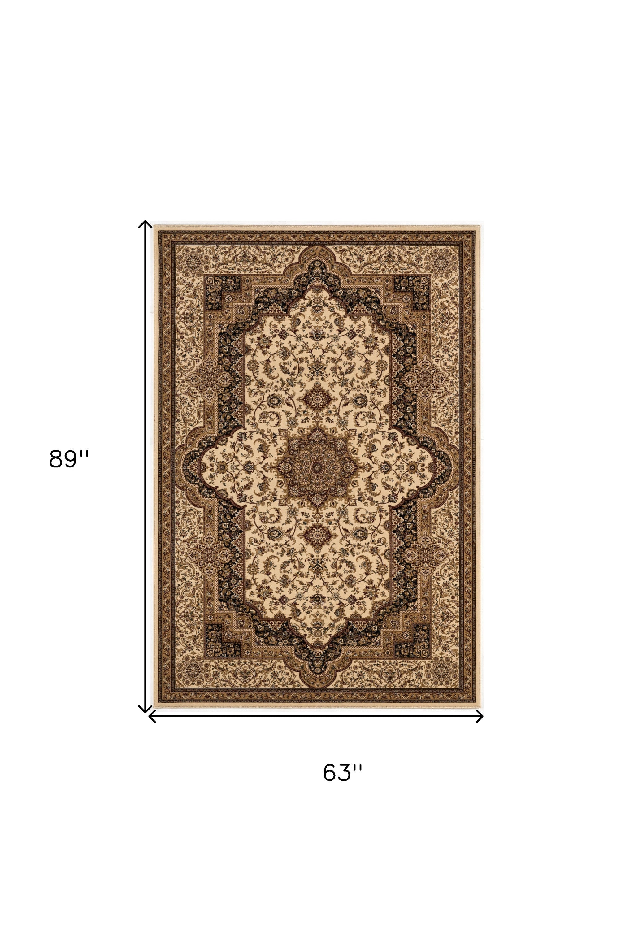 5' X 8' Black and Ivory Oriental Power Loom Area Rug