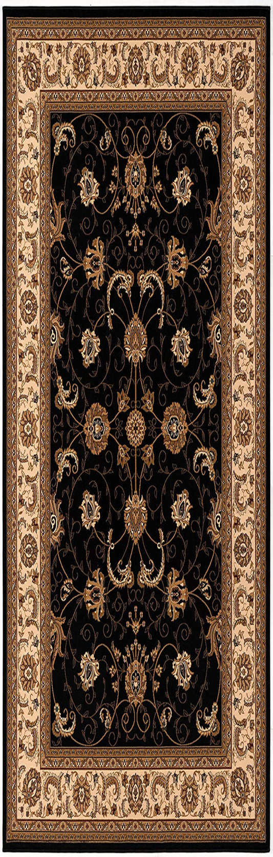 10' Runner Black and Ivory Oriental Power Loom Runner Rug