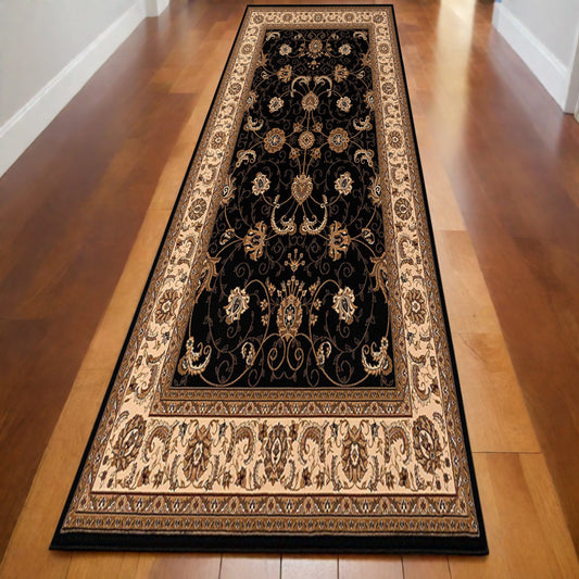 10' Runner Black and Ivory Oriental Power Loom Runner Rug