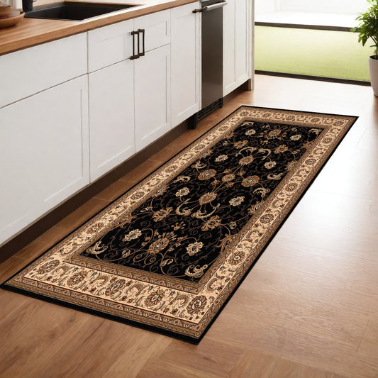 8' Runner Black and Ivory Oriental Power Loom Runner Rug