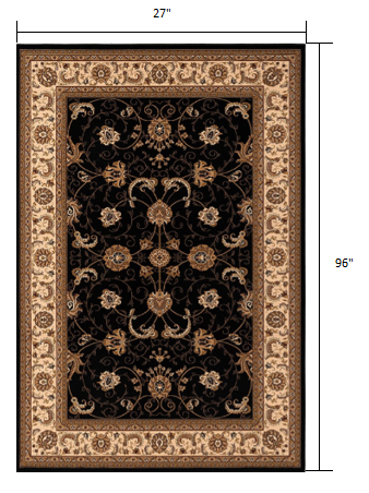 8' Runner Black and Ivory Oriental Power Loom Runner Rug