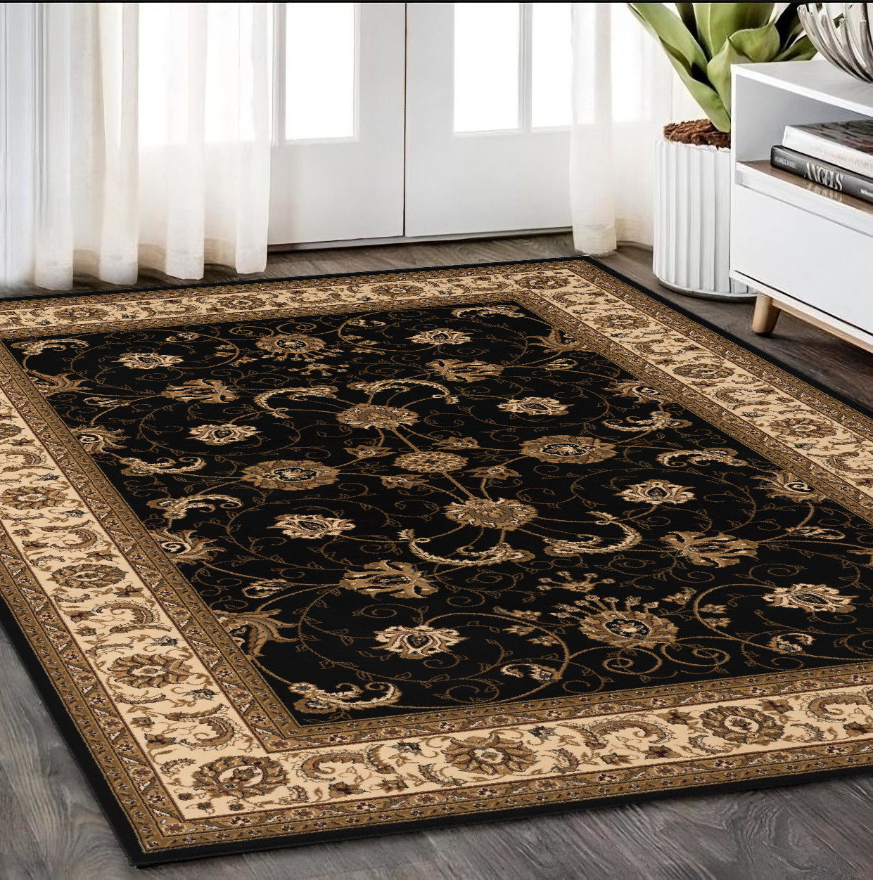 5' X 8' Black and Ivory Oriental Power Loom Area Rug