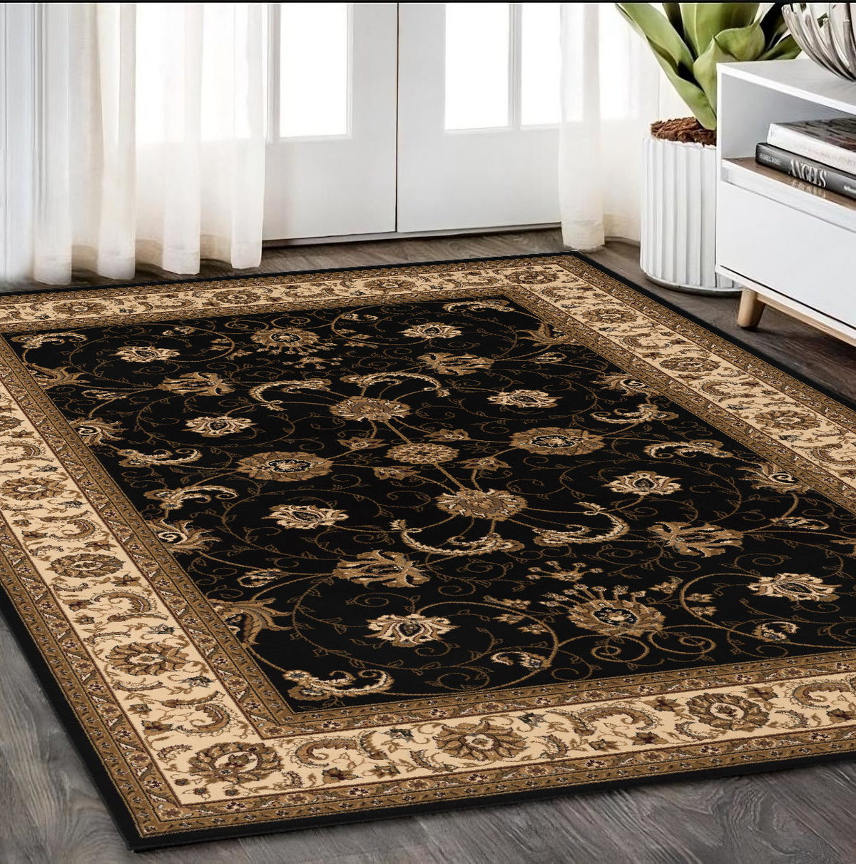 5' X 8' Black and Ivory Oriental Power Loom Area Rug