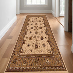 13' Runner Beige and Ivory Oriental Power Loom Runner Rug