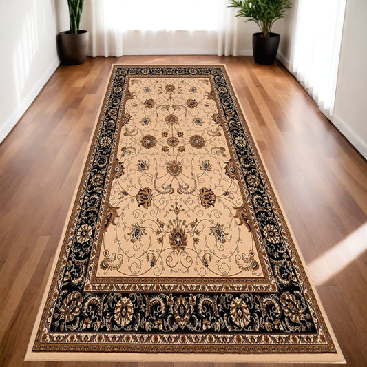 10' Runner Black and Ivory Oriental Power Loom Runner Rug