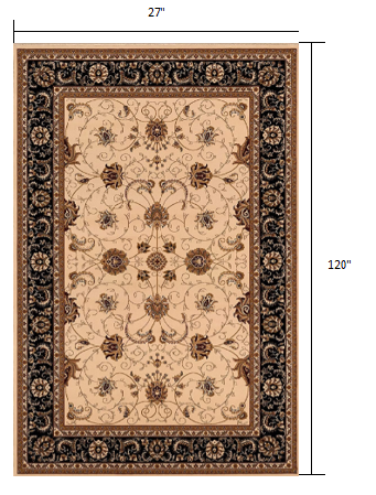 10' Runner Black and Ivory Oriental Power Loom Runner Rug