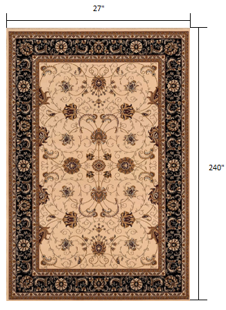 20' Runner Black and Ivory Oriental Power Loom Runner Rug