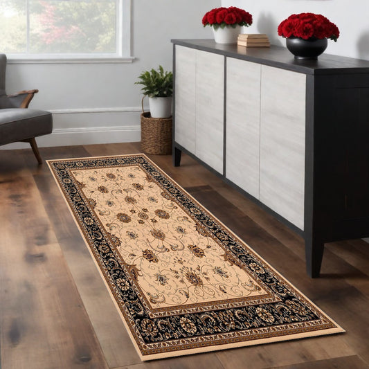 8' Runner Black and Ivory Oriental Power Loom Runner Rug