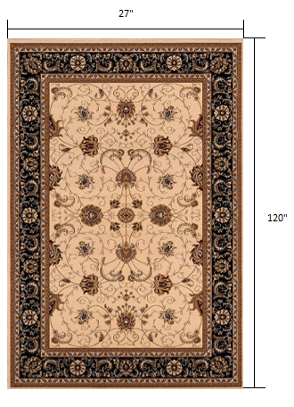 10' Runner Black and Ivory Oriental Power Loom Runner Rug