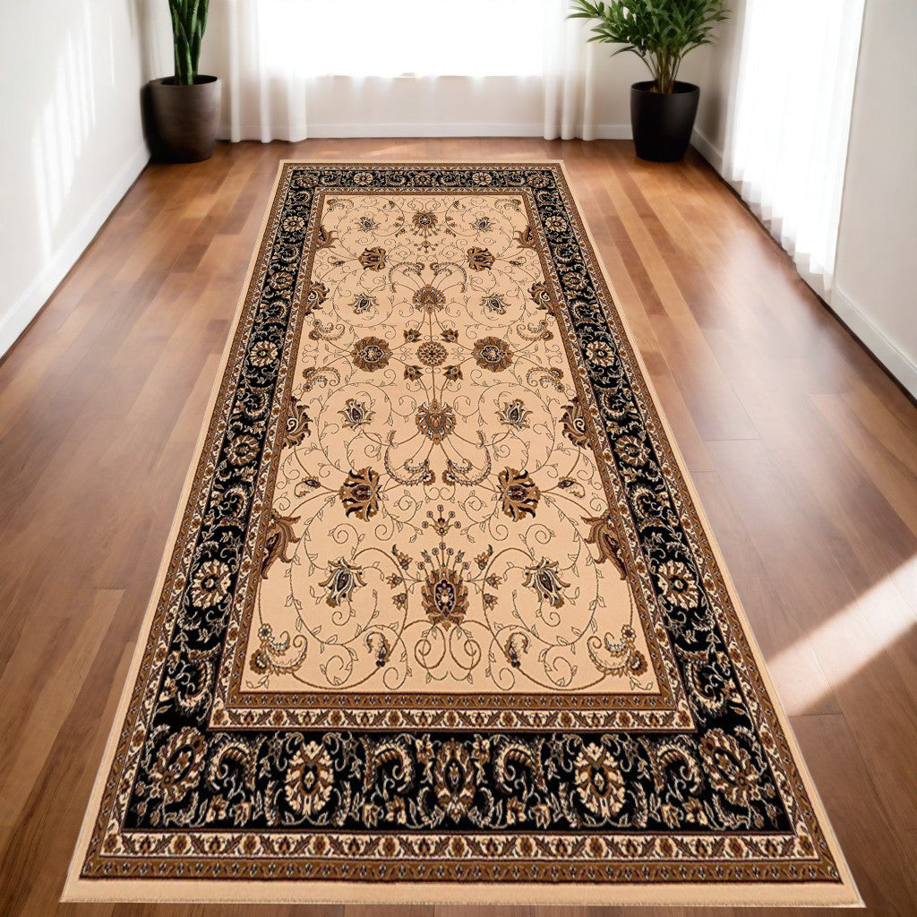 13' Runner Black and Ivory Oriental Power Loom Runner Rug