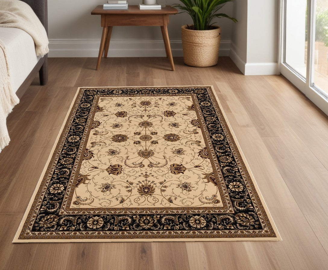 4' X 6' Black and Ivory Oriental Power Loom Area Rug