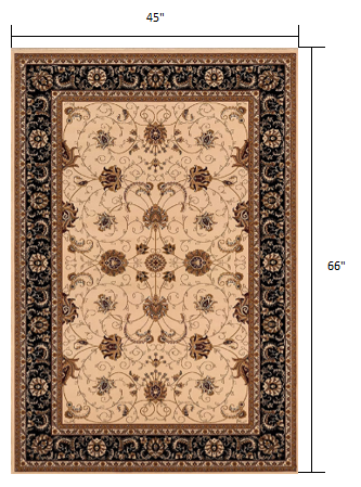 4' X 6' Black and Ivory Oriental Power Loom Area Rug