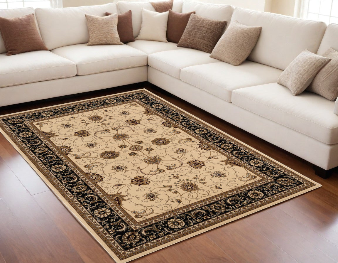 5' X 8' Black and Ivory Oriental Power Loom Area Rug