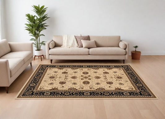 8' X 11' Black and Ivory Oriental Power Loom Area Rug