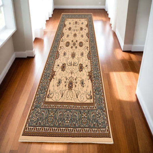 10' Runner Blue and Ivory Oriental Power Loom Runner Rug