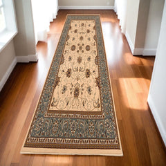 10' Runner Blue and Ivory Oriental Power Loom Runner Rug