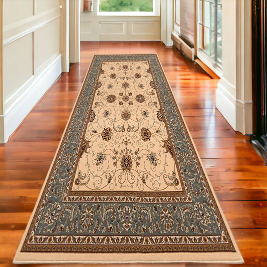 20' Runner Blue and Ivory Oriental Power Loom Runner Rug