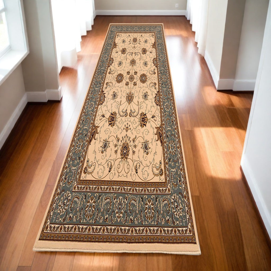 20' Runner Blue and Ivory Oriental Power Loom Runner Rug