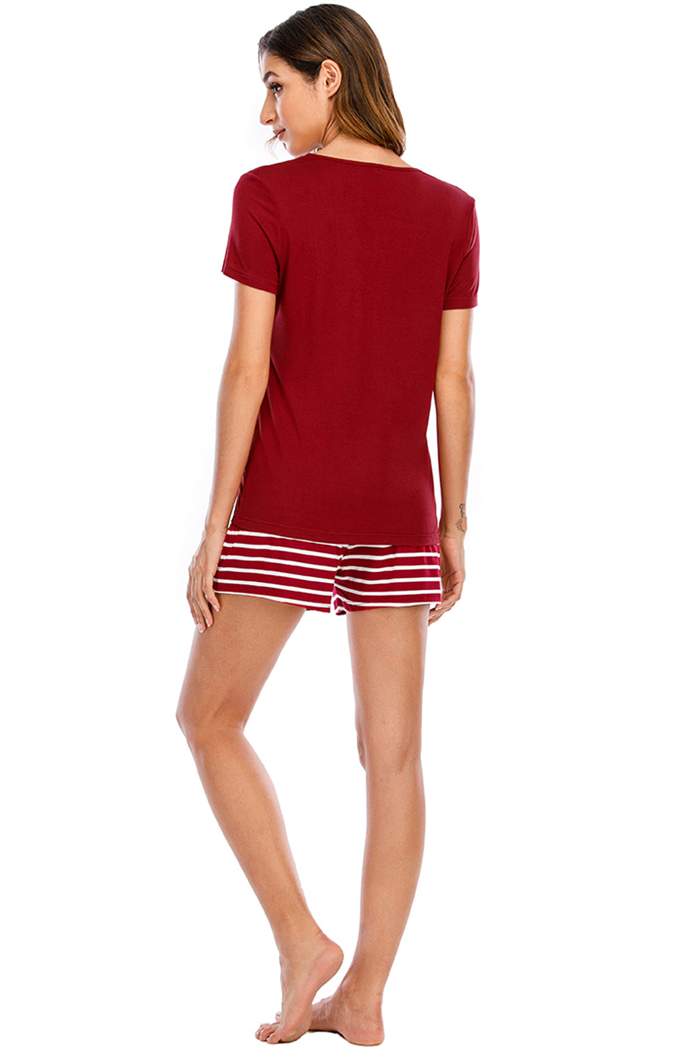 Graphic Round Neck Top and Striped Shorts Lounge Set - Flyclothing LLC