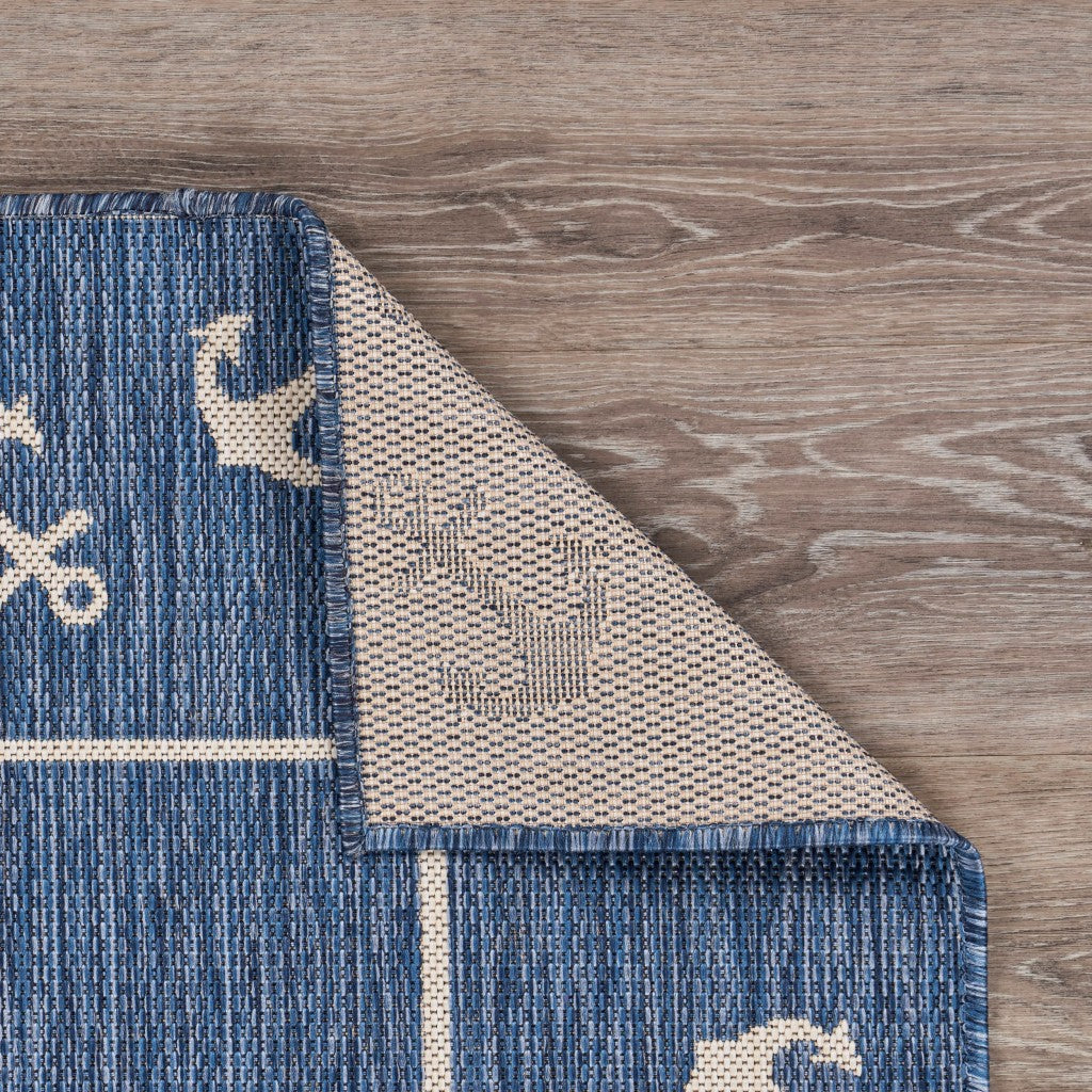 8' X 9' Blue and Natural Nautical Anchor Indoor Outdoor Area Rug