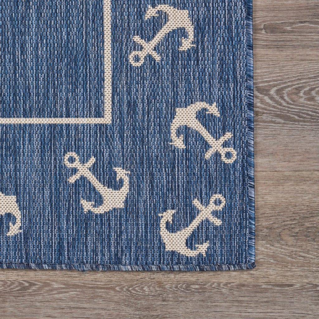 8' X 9' Blue and Natural Nautical Anchor Indoor Outdoor Area Rug - Homeroots