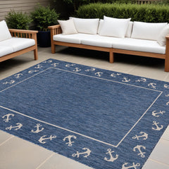 8' X 9' Blue and Natural Nautical Anchor Indoor Outdoor Area Rug