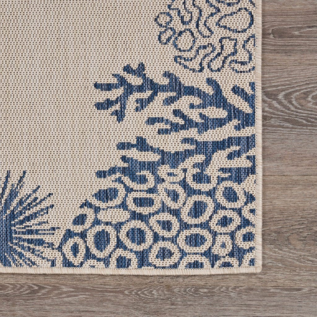 5' X 7' Beige and Blue Coral Stain Resistant Indoor Outdoor Area Rug - Homeroots