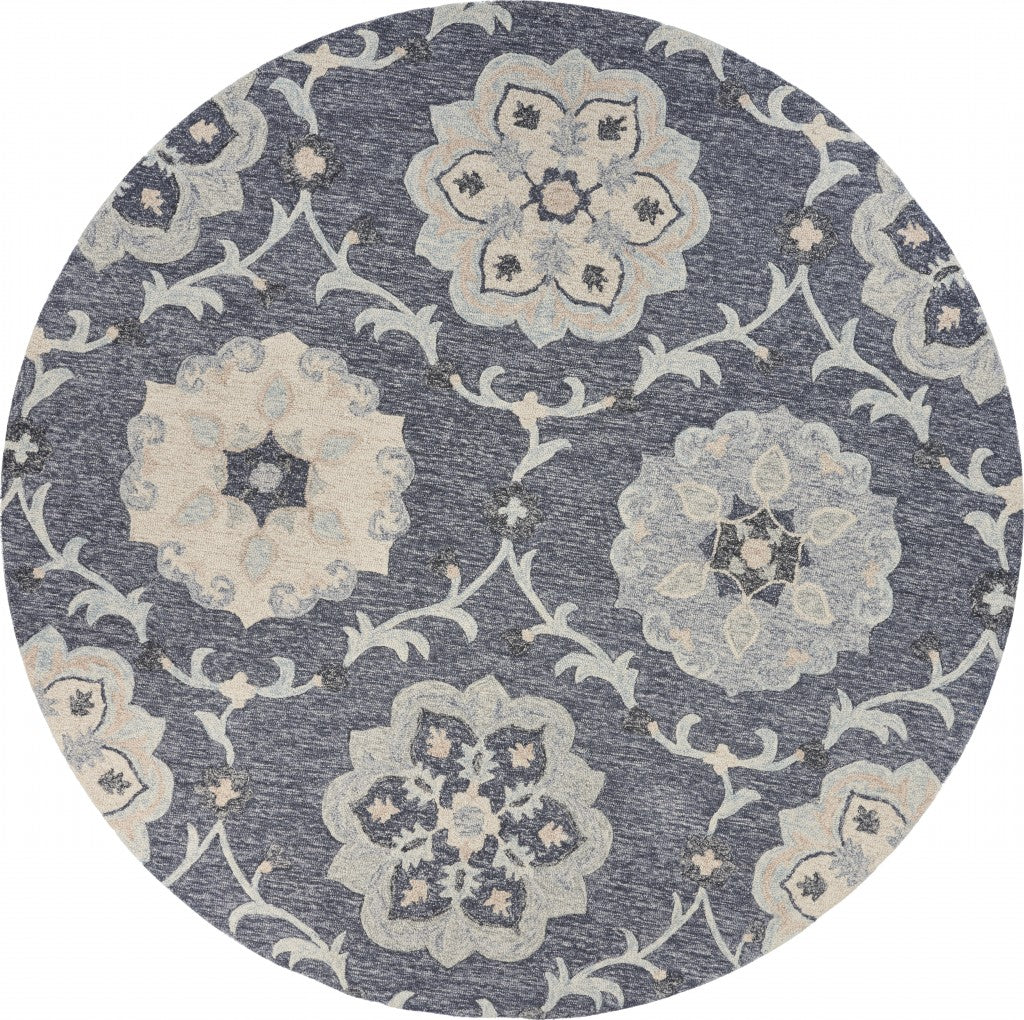 7' Blue And Gray Round Wool Hand Tufted Area Rug